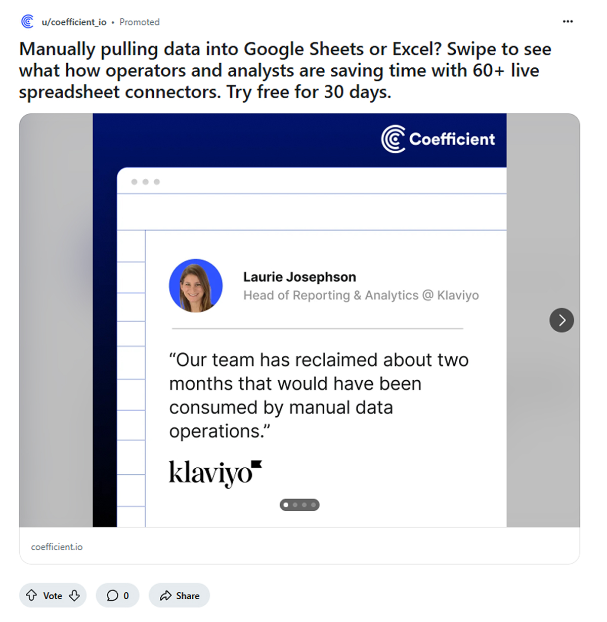 Carousel ad on Reddit with text ads and visuals to target users in subreddit feeds.