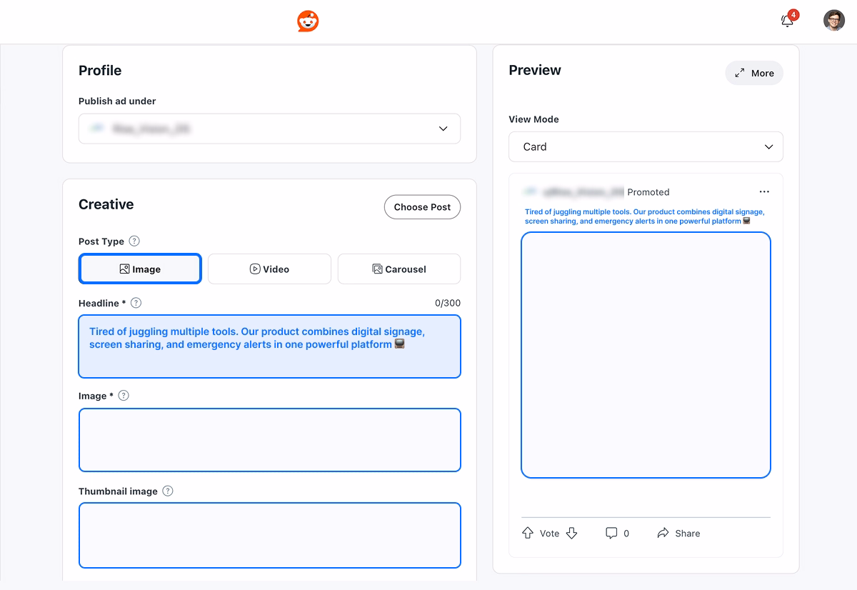 Filling in headline and image fields for a Reddit ad.