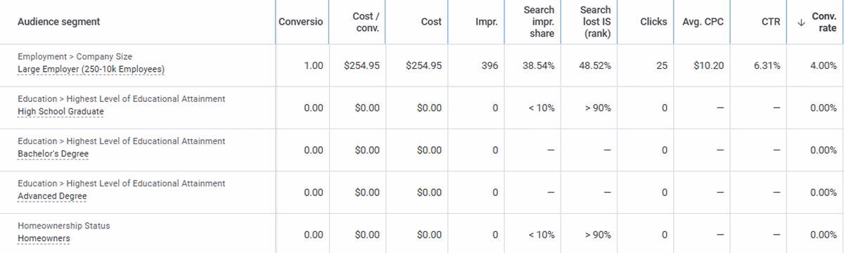 Screenshot of audience segmentation by industry in Google Ads.