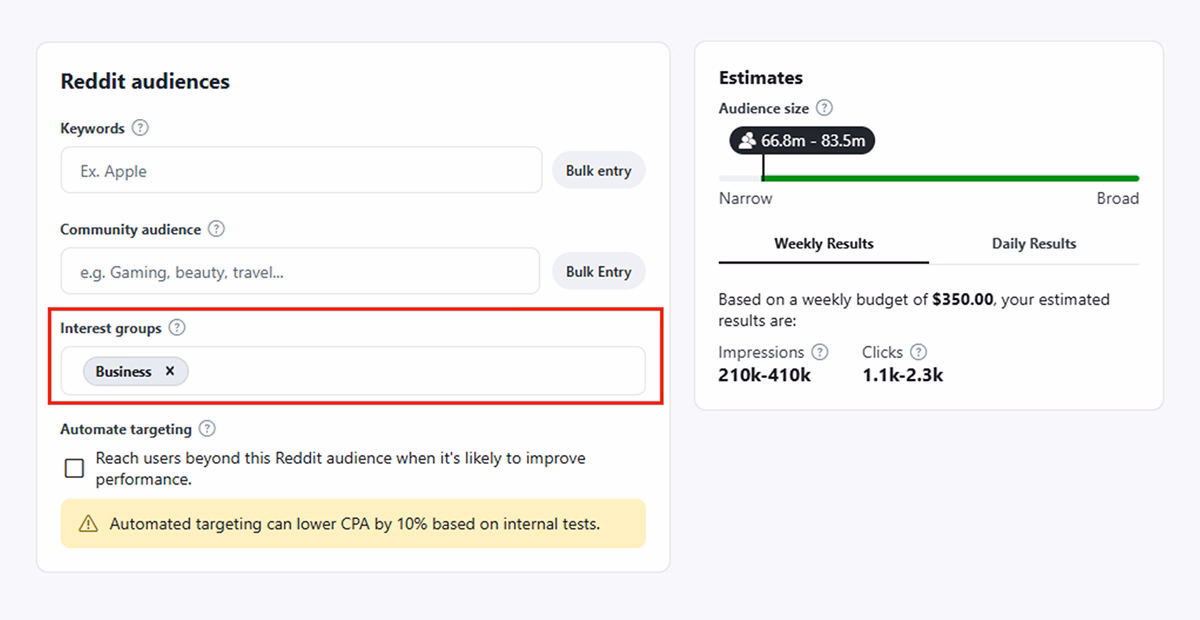 Example of B2B Interest Targeting In Reddit Ads