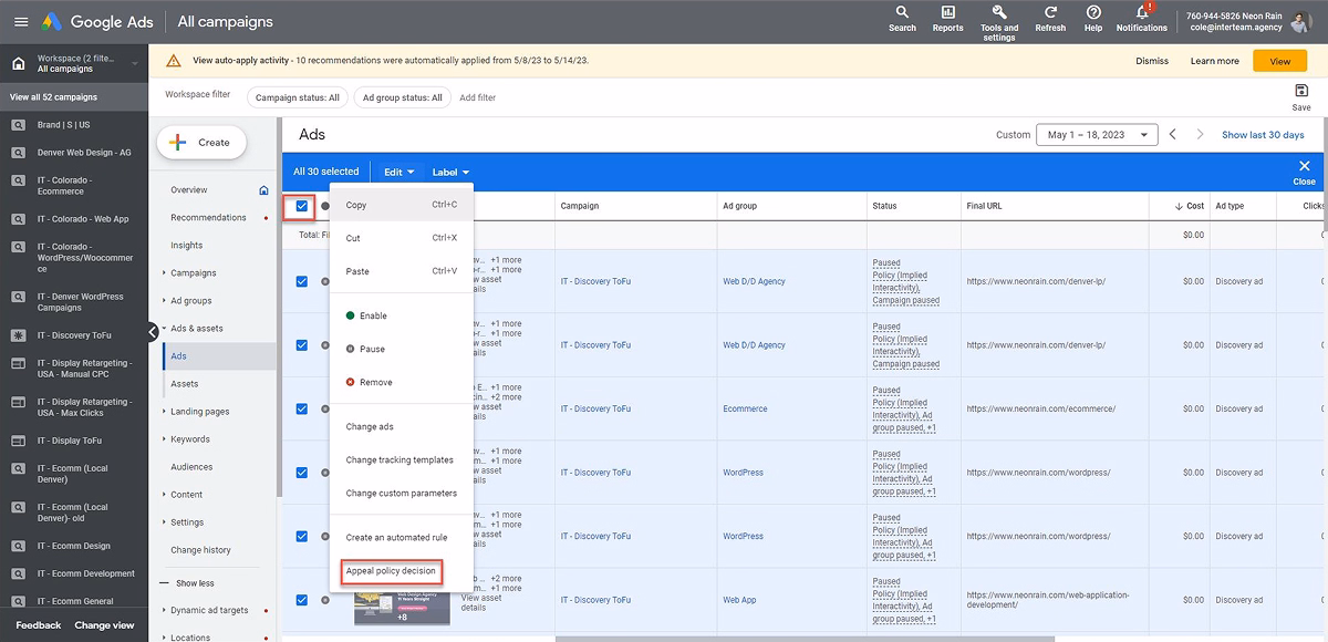 Appeal policy decision option in Google Ads bulk edit menu for disapproved ads.