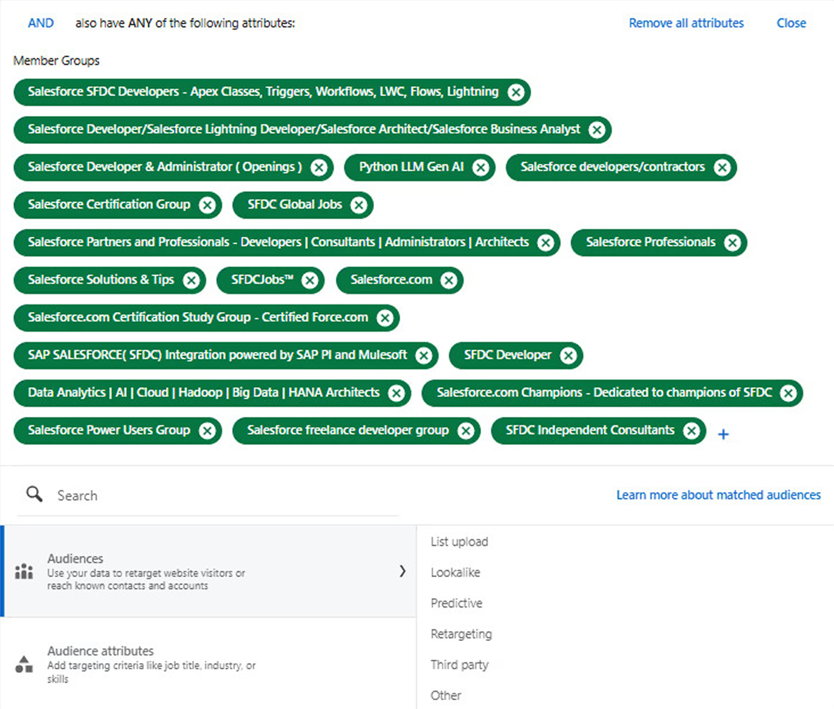 LinkedIn Ads targeting Salesforce groups to reach potential customers.