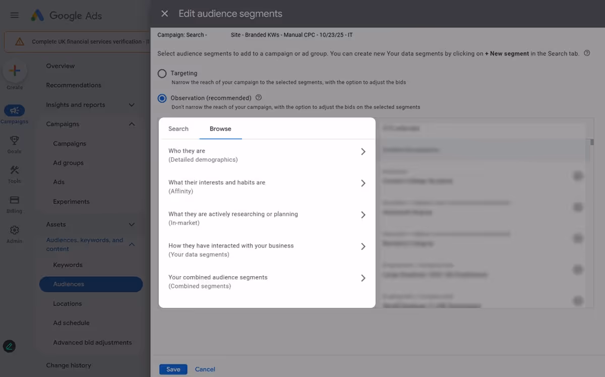 Audience segment browser showing Affinity and In-Market options.