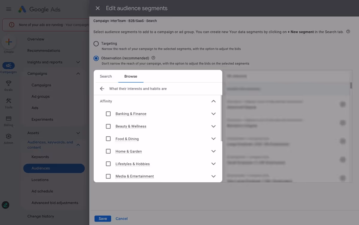 Affinity audience categories including Banking & Finance and Food & Dining.