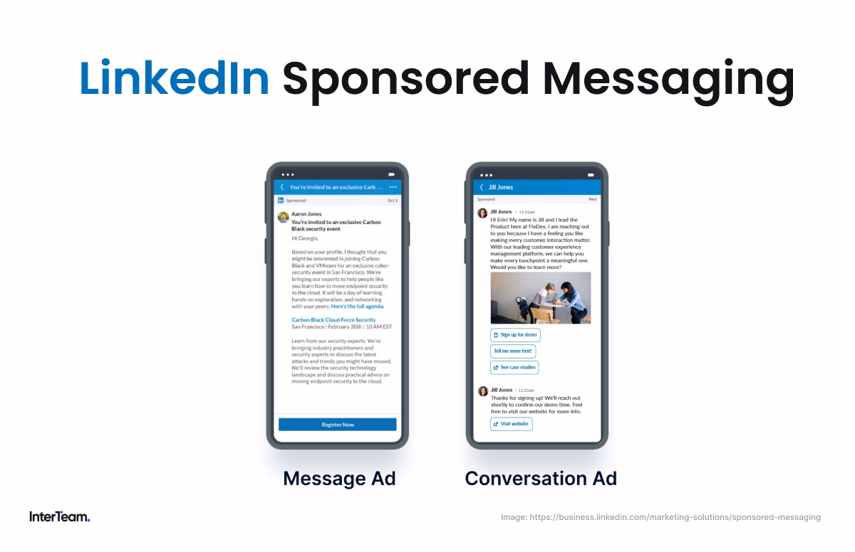 Examples of LinkedIn Sponsored Messaging ads for target audiences.