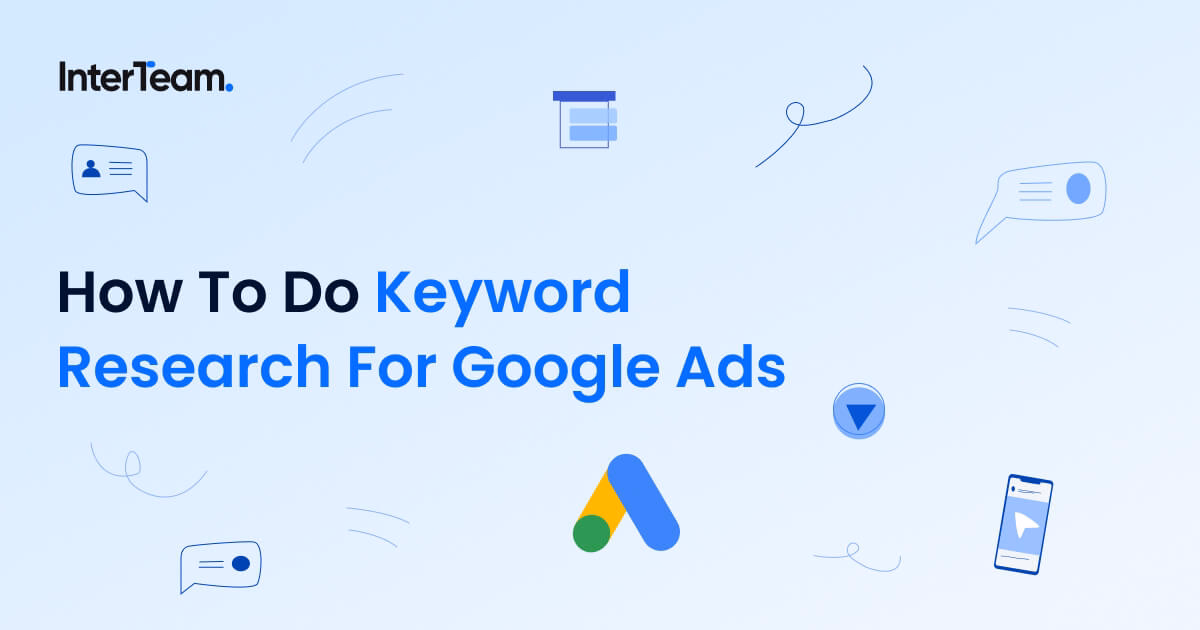 Illustration of Google Ads keyword research with icons and Google Ads logo.