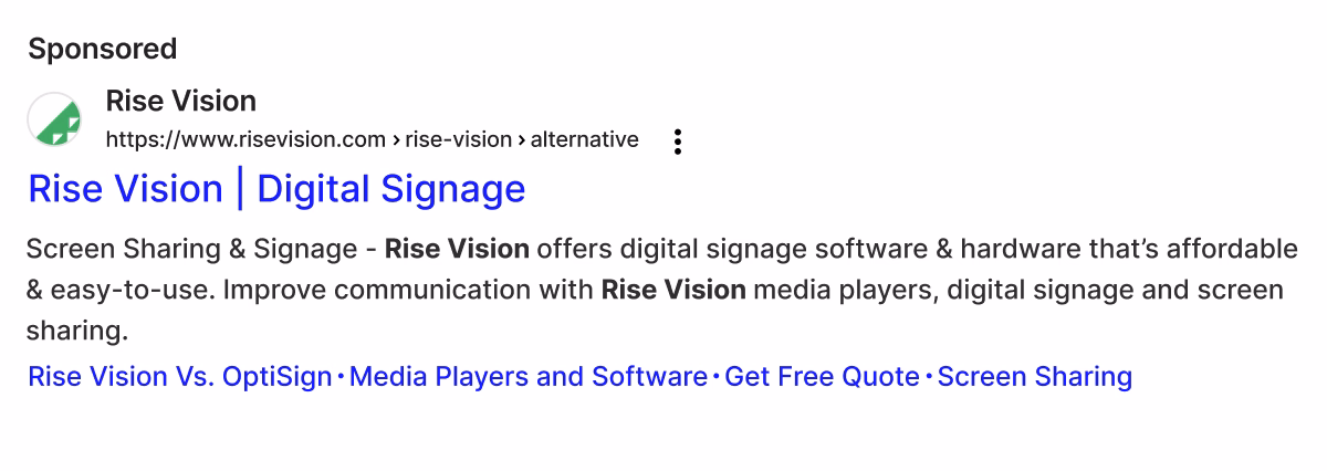 Example of a Google Ads branded search ad with sitelinks and description copy