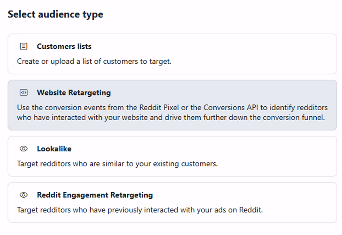 Audience manager view showing website retargeting, engagement, and lookalike targeting options.