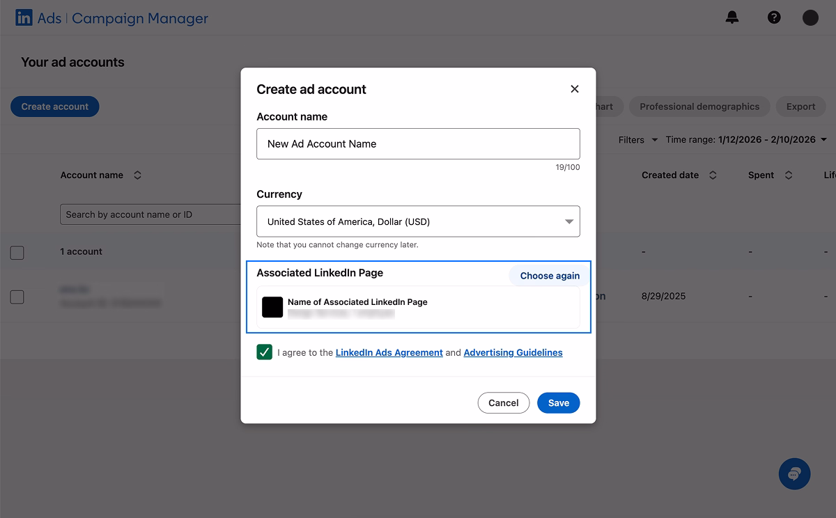 Create ad account window in LinkedIn Campaign Manager.