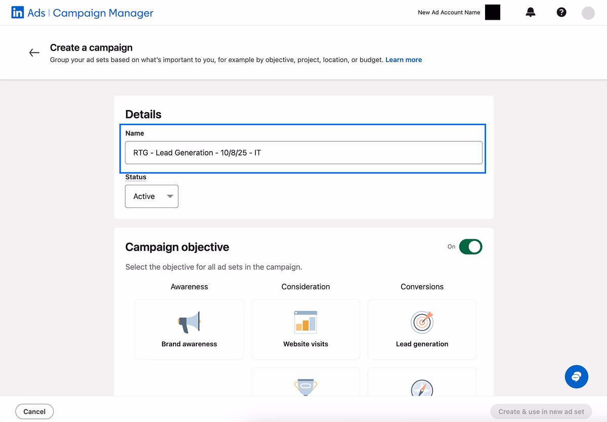 LinkedIn campaign setup screen with Lead Generation objective selected.