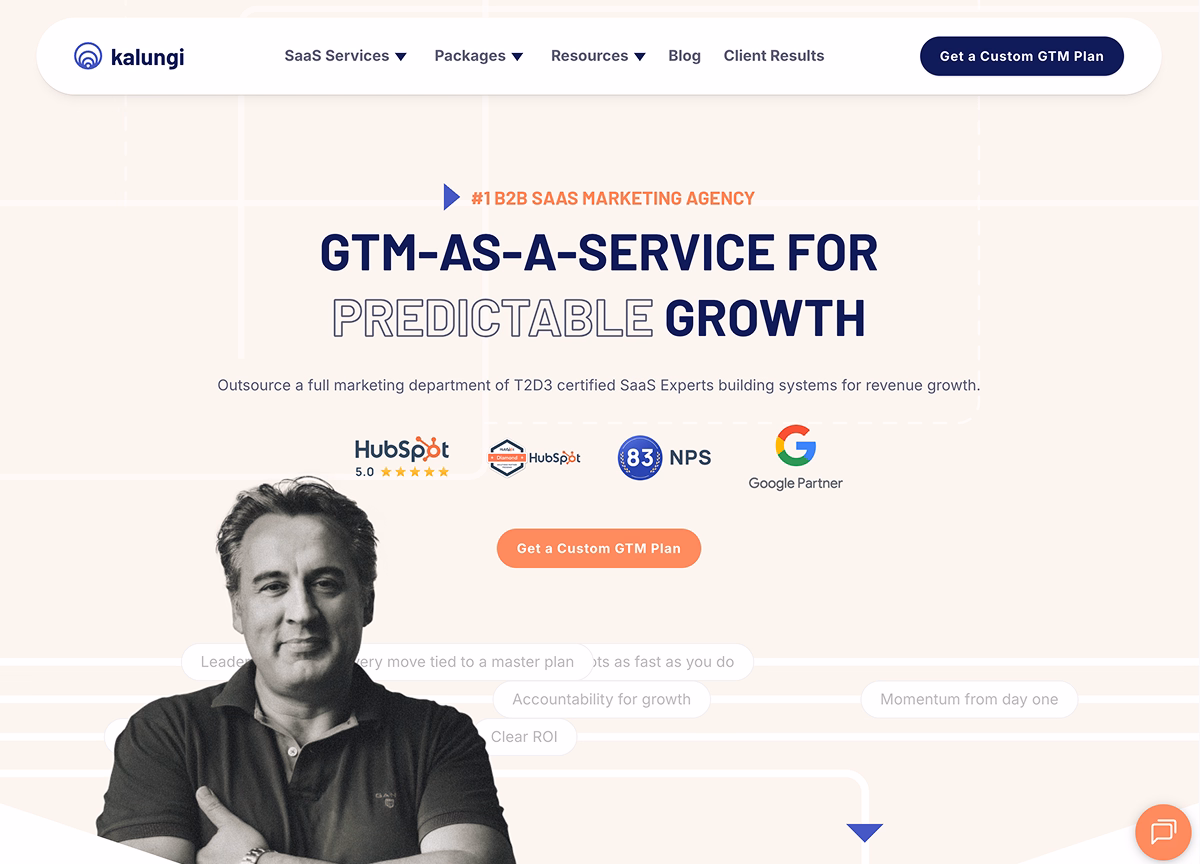 Kalungi homepage showing SaaS marketing and GTM strategy positioning
