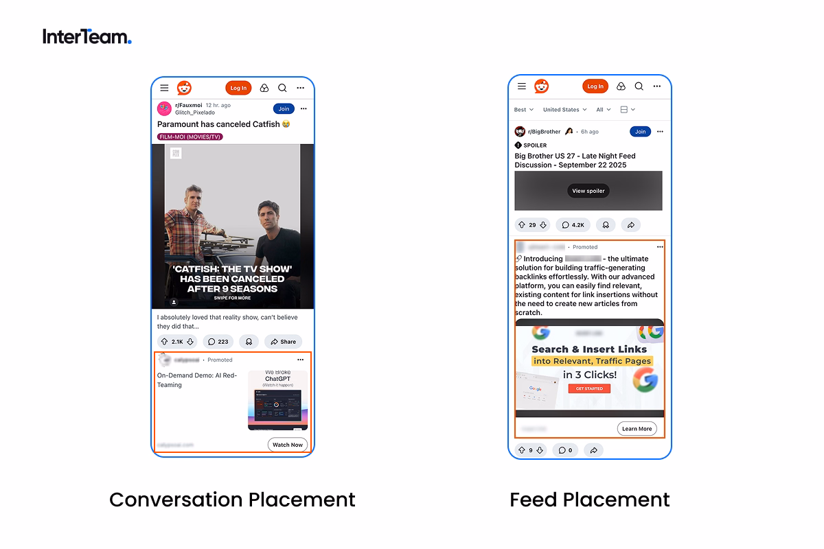 Reddit Ads conversation and feed placements.
