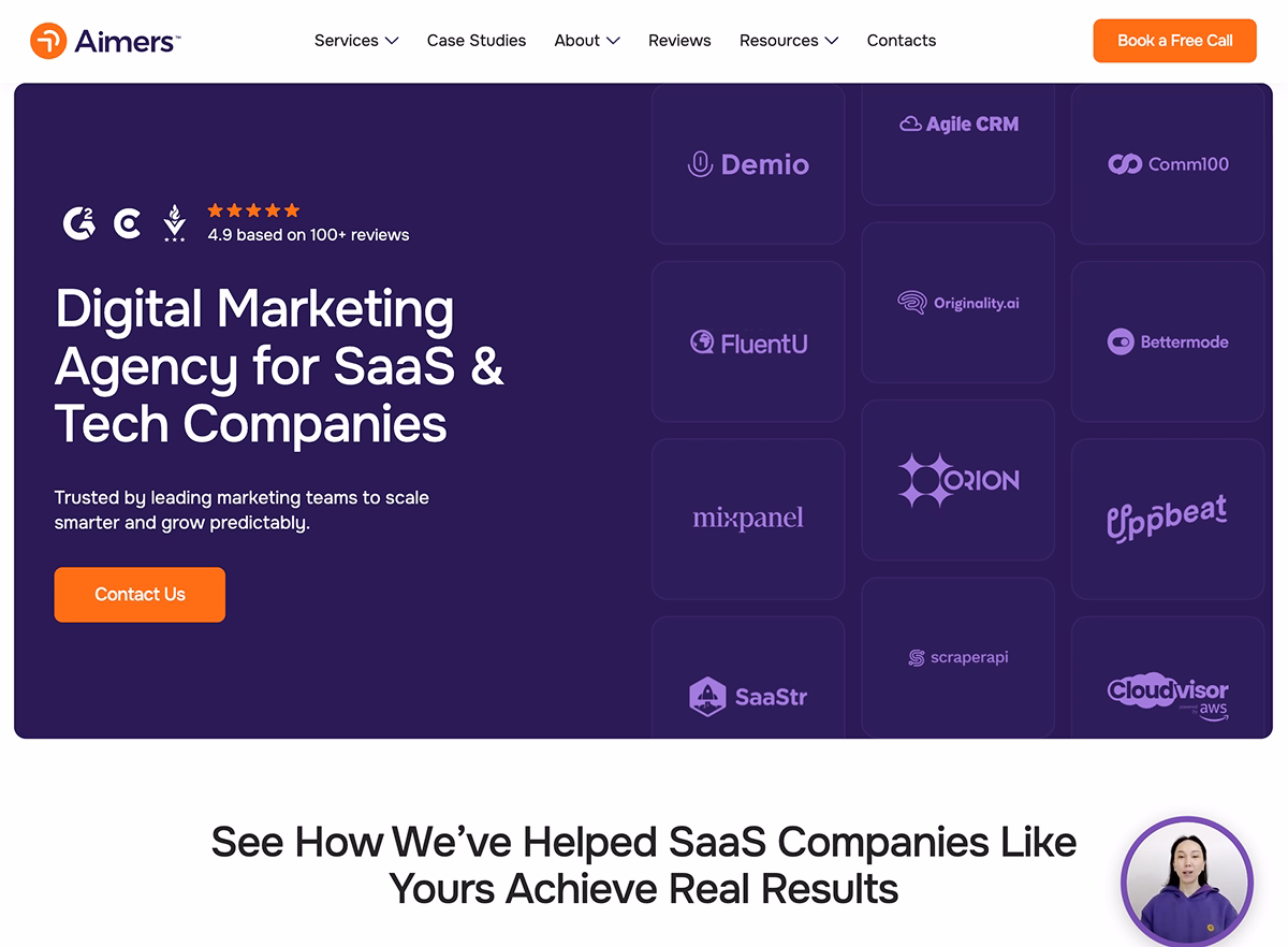 Aimers homepage showcasing content marketing agency approach, paid media strategy, and scalable growth for SaaS marketing teams.