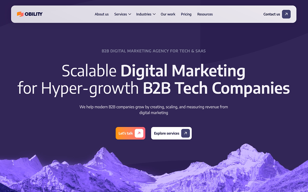 Obility homepage featuring B2B marketing strategy, revenue operations, and digital strategy for sustainable growth.