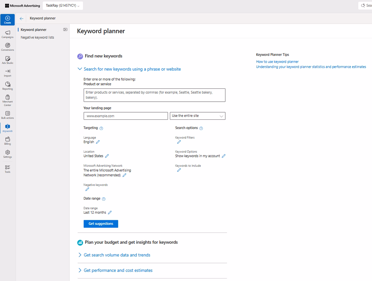 Bing keyword research tool