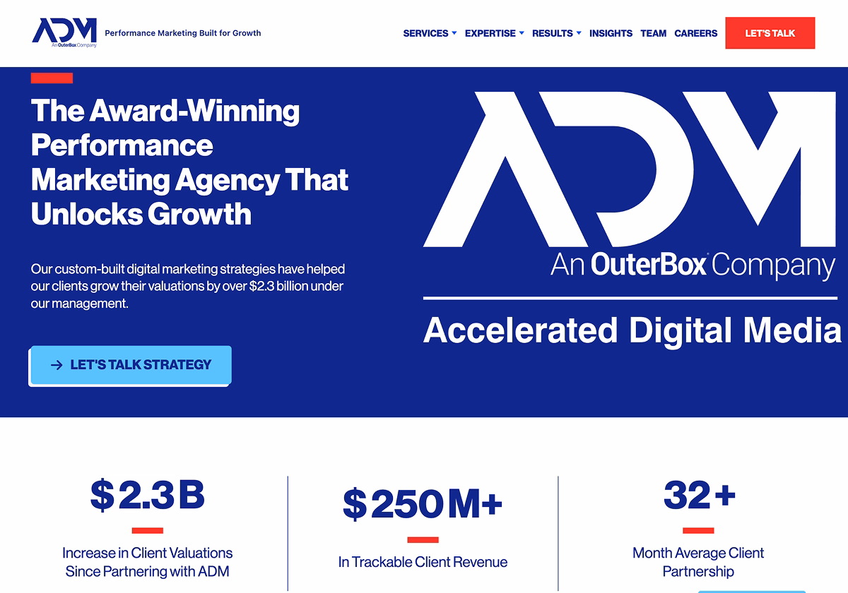 Accelerated Digital Media homepage showing data driven strategies and digital strategy.