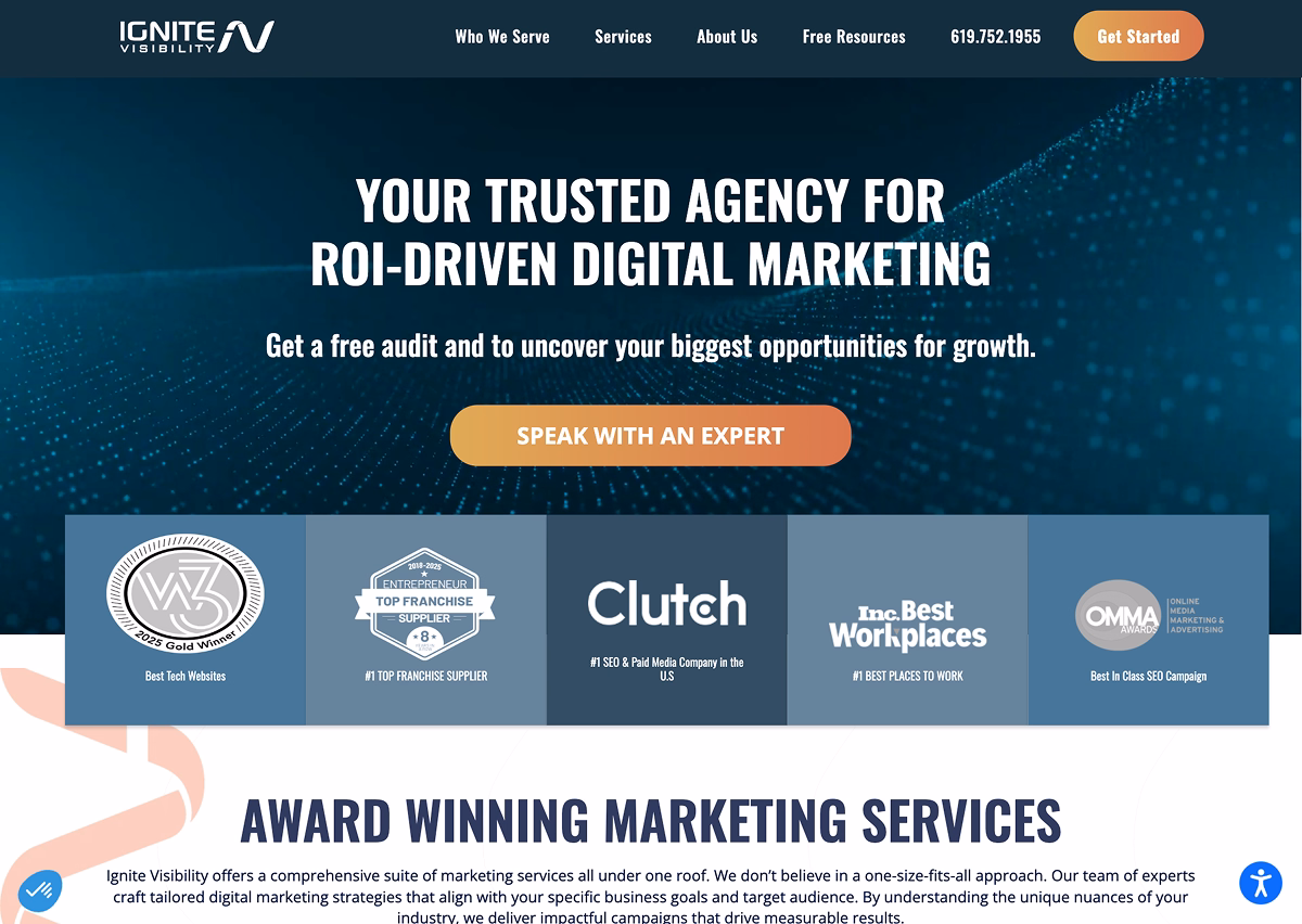 Ignite Visibility homepage emphasizing SEO services, content strategy, and delivering measurable results for online visibility.