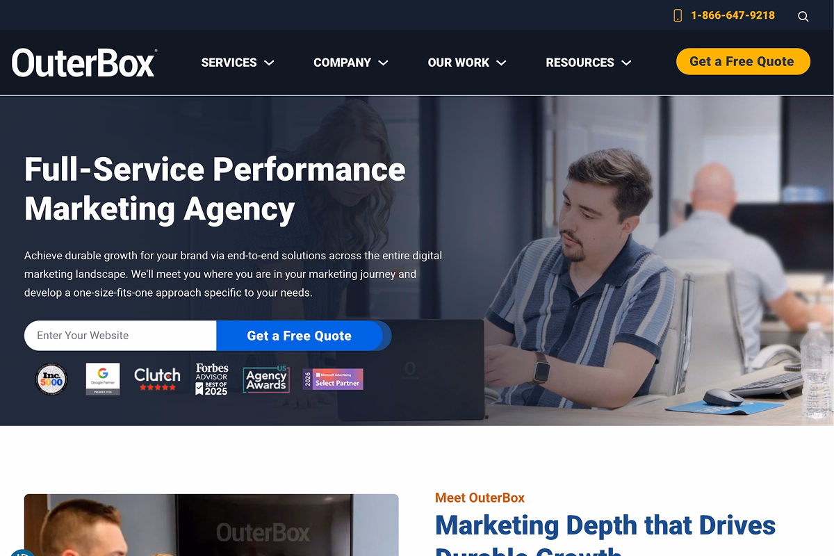 OuterBox homepage highlighting technical SEO services, link building services, and performance tracking for organic growth.