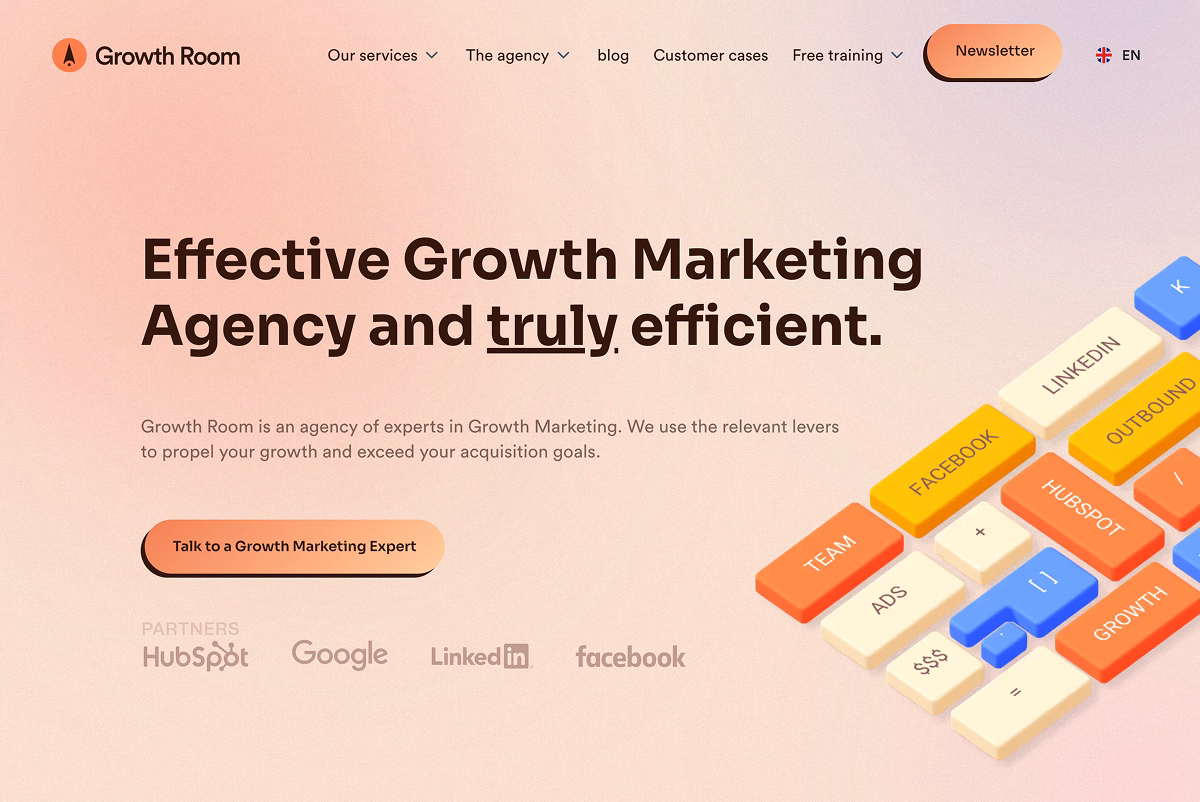 Growth Room homepage highlighting growth marketing services, paid acquisition channels, and B2B lead generation strategy.