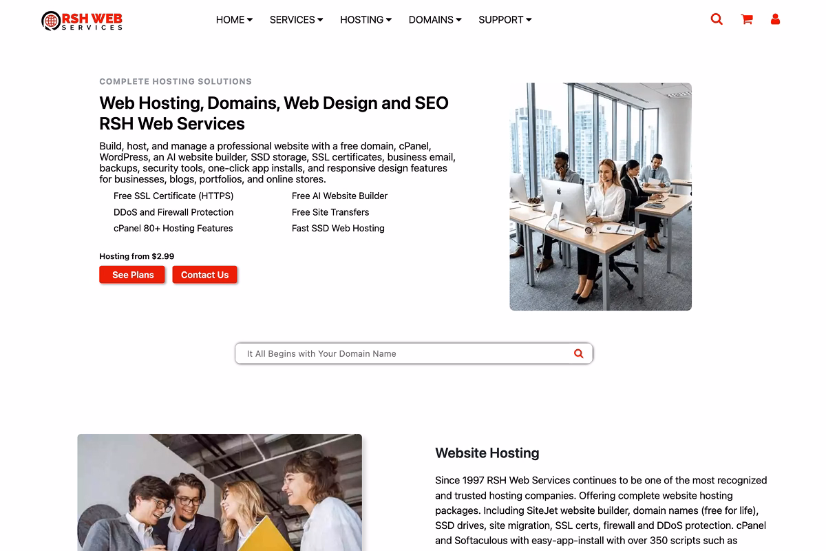 RSH Web Services homepage featuring web hosting, domains, web design and SEO services.