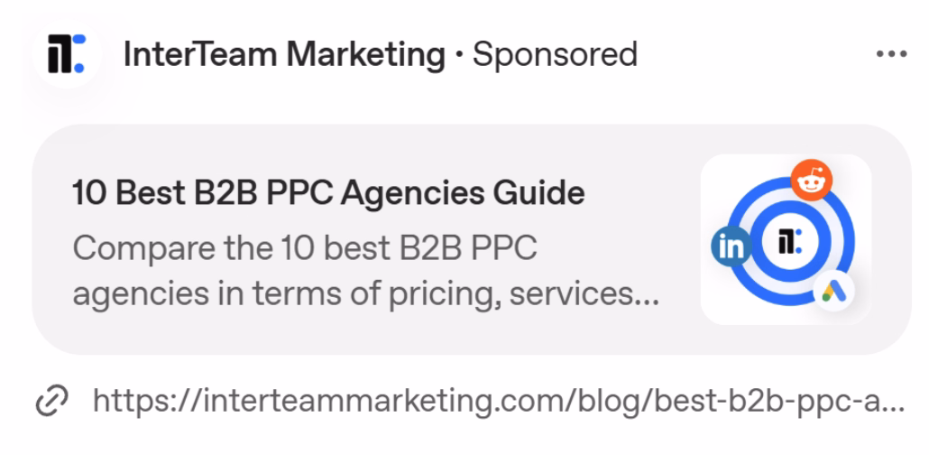 ChatGPT Ads sponsored content from InterTeam Marketing promoting a B2B PPC agencies guide.