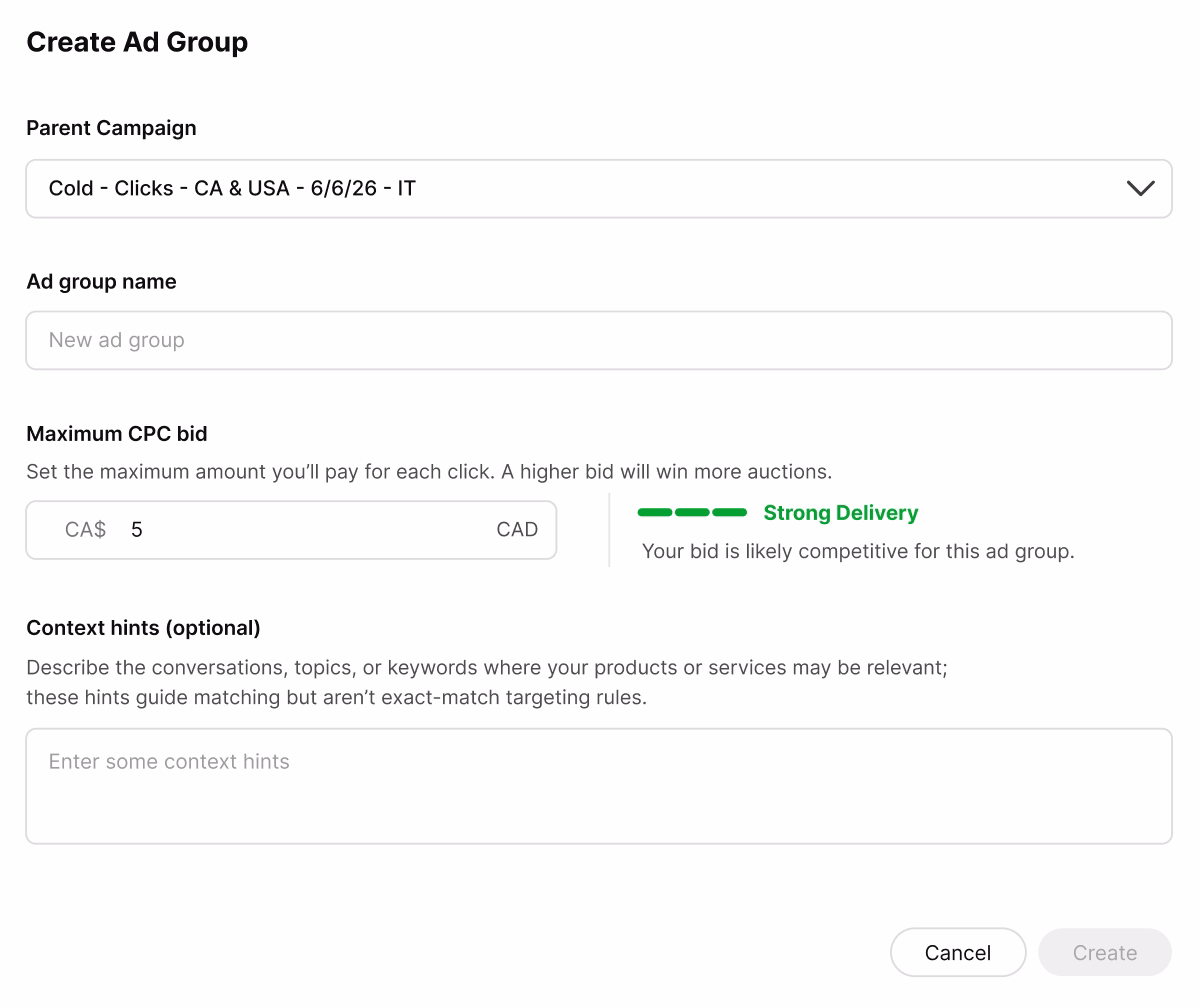 OpenAI Ads campaign setup in ChatGPT Ads Manager with a CA$5 CPC bid and Context Hints for ad relevance.