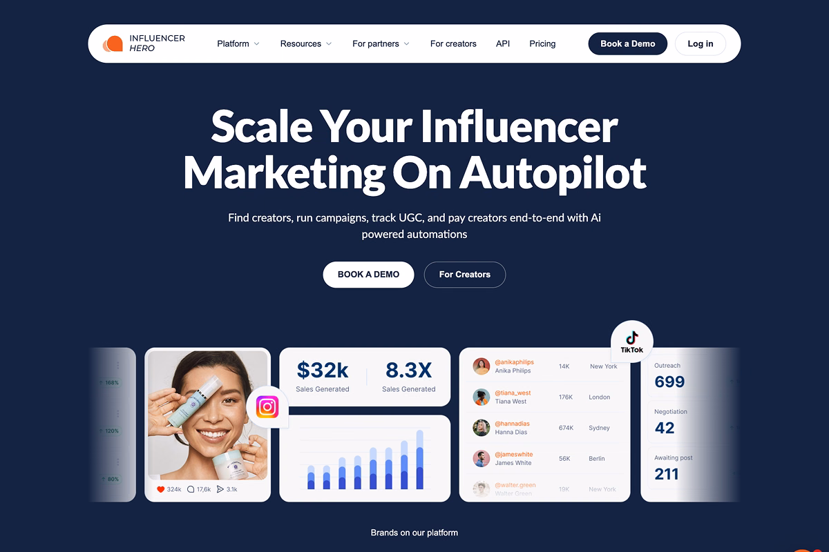 Influencer Hero dashboard for influencer marketing campaigns and tracking sales.
