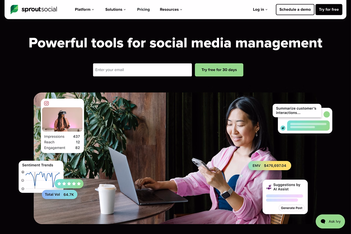 Sprout Social influencer marketing tools for social media campaign management.