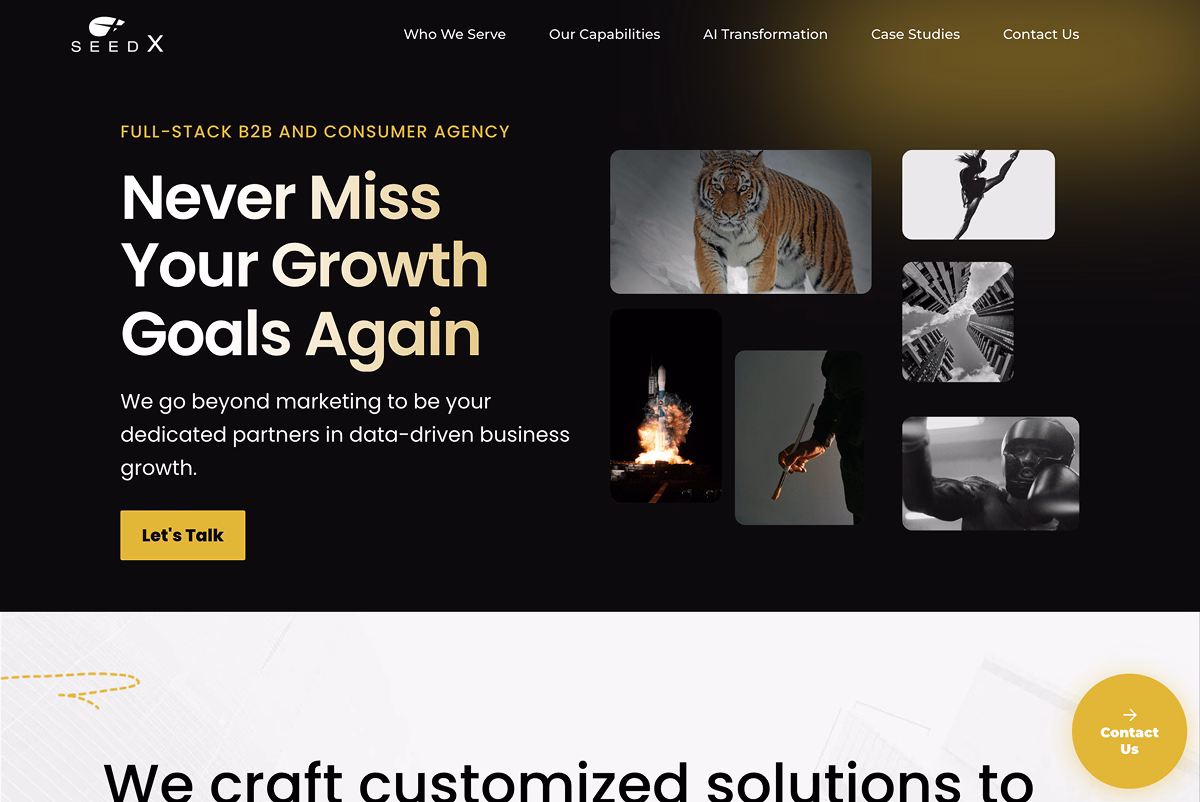 SeedX B2B marketing agency homepage highlighting data-driven growth services