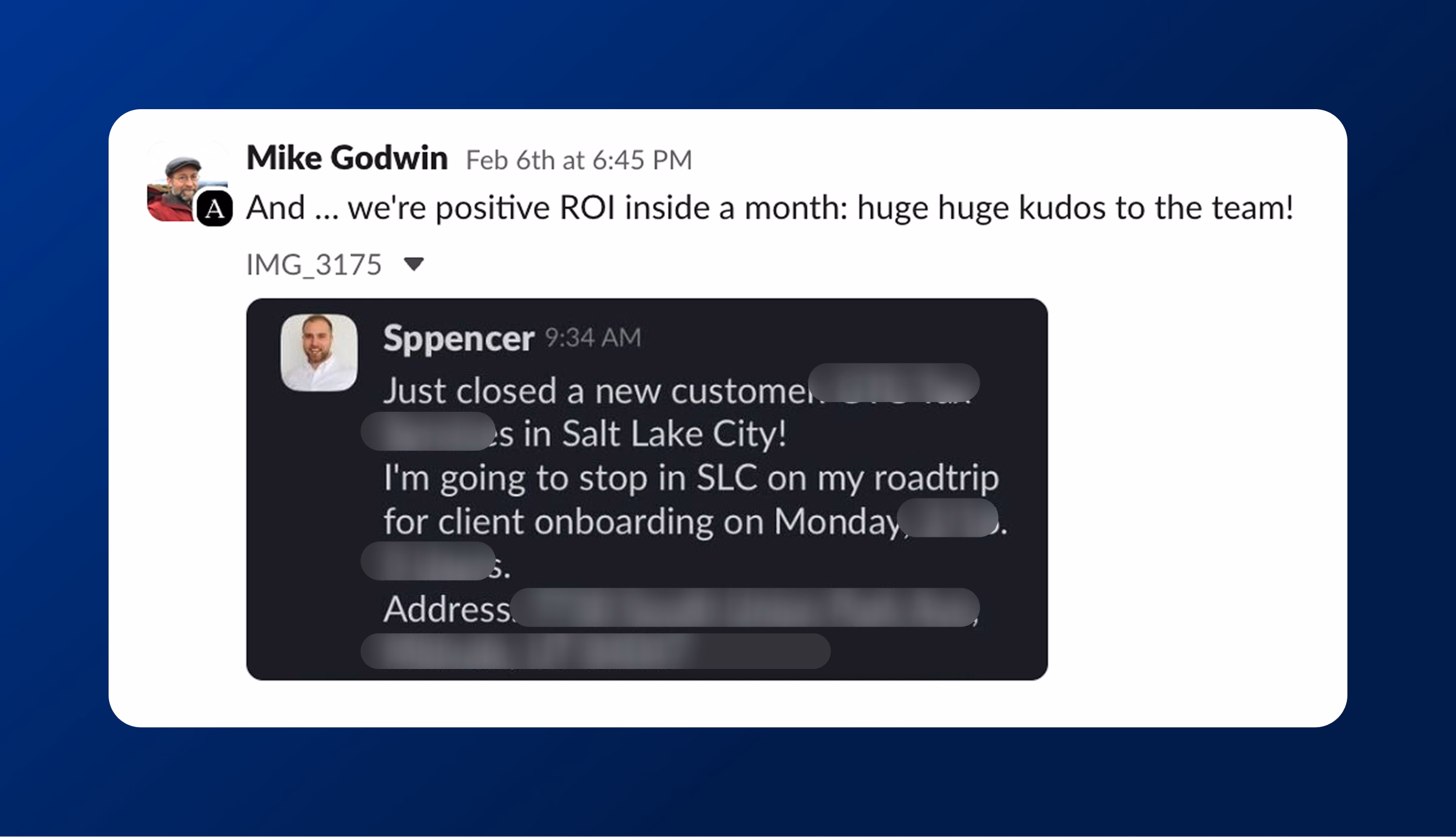 Screenshot announcing new customer acquisition