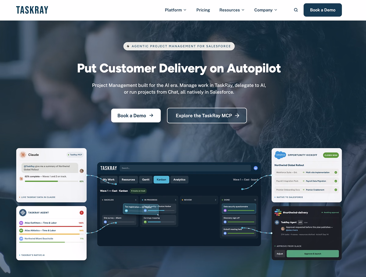  TaskRay homepage showing Salesforce-native project management, AI integrations, and a demo booking call to action.