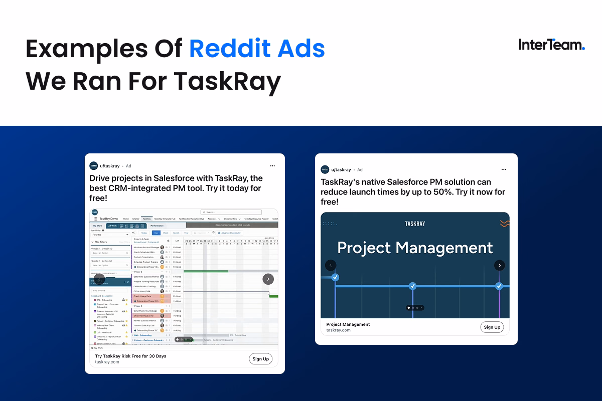 Reddit ads promoting Salesforce project management with product screenshots and free-trial sign-up offers.