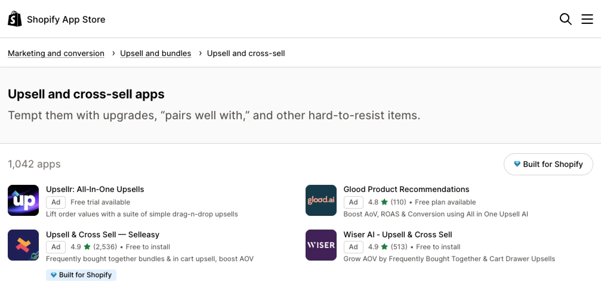 Upsell and cross-sell category on the Shopify App Store with 1,042 apps.