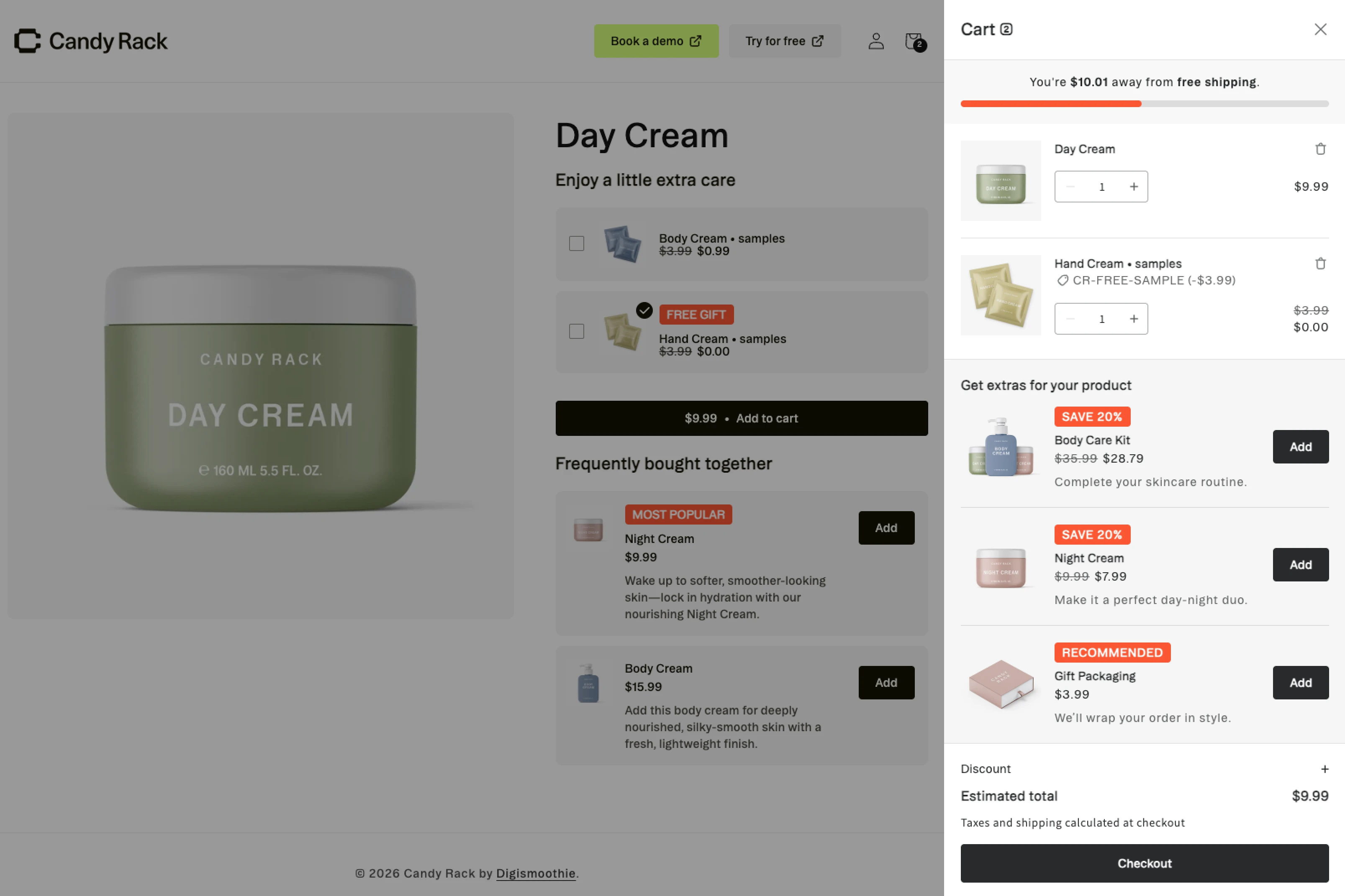 Candy Rack demo store showcasing embedded PDP offers and cart drawer.