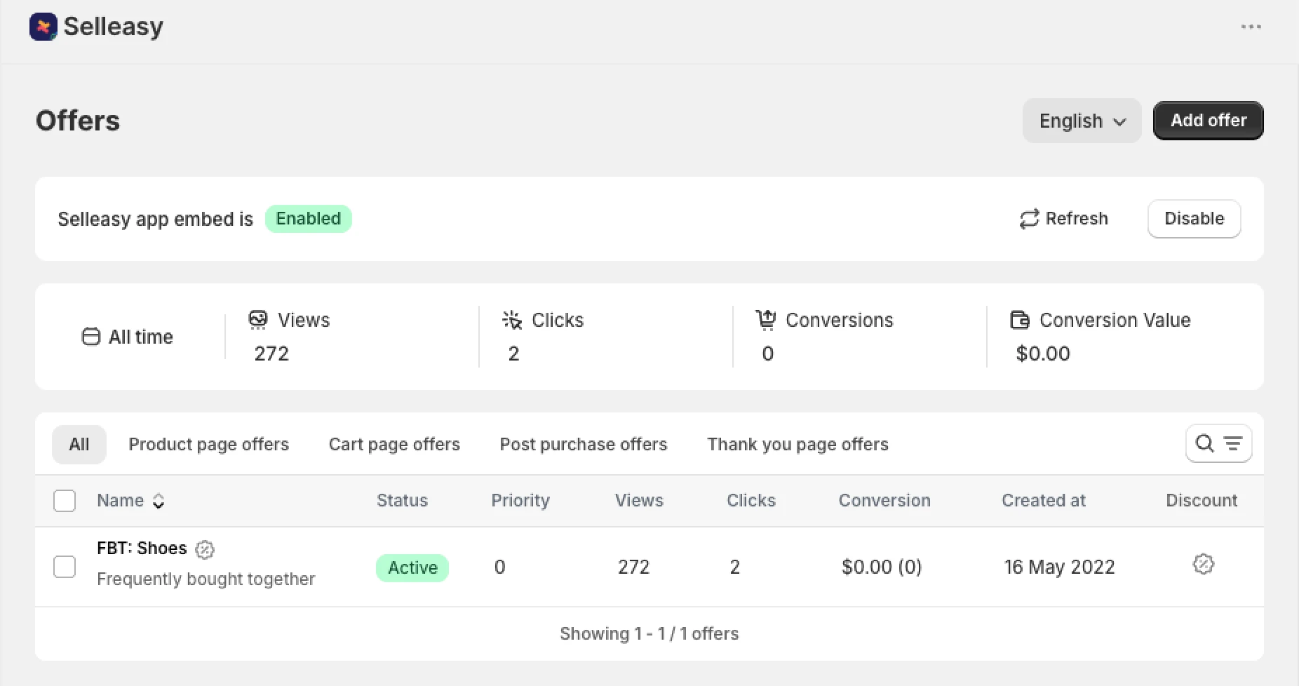 Selleasy dashboard inside the Shopify admin.