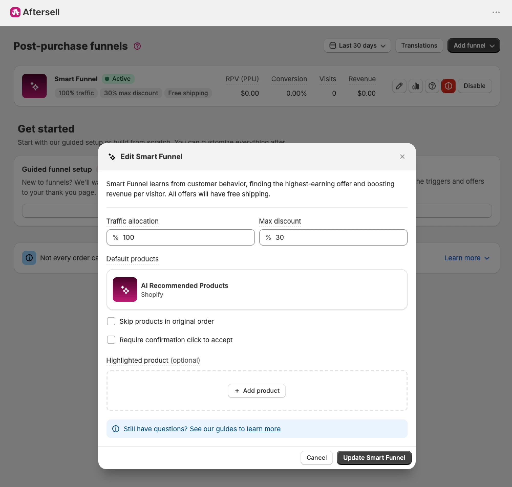 Editing Smart Funnel in Aftersell app.