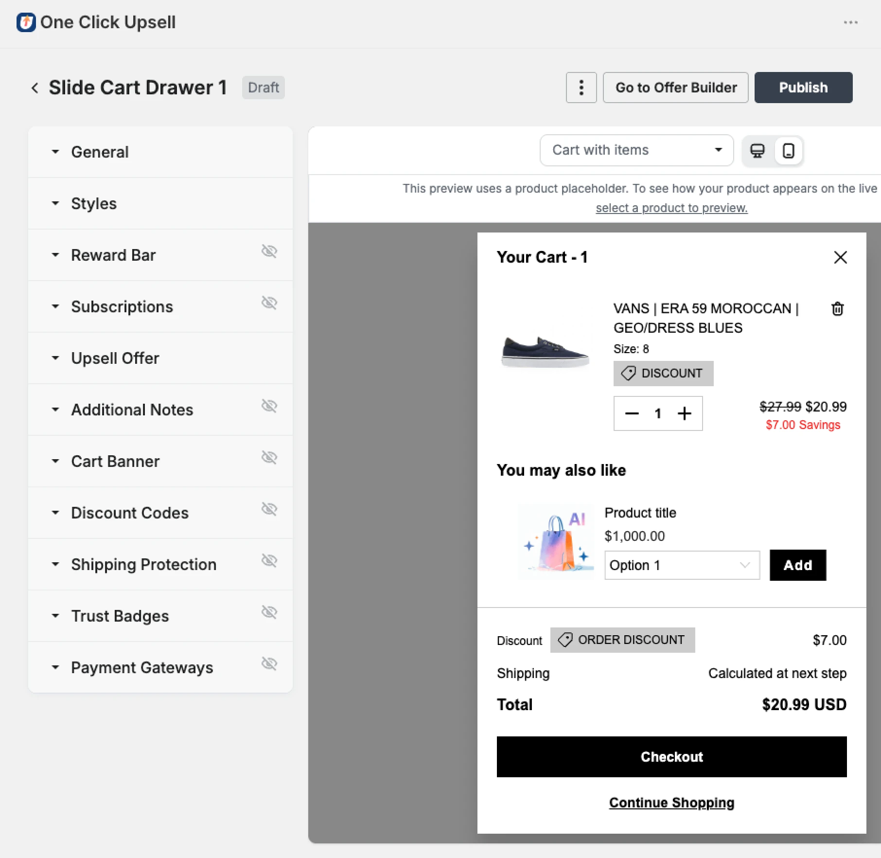 Enabling cart drawer in Zipify OCU app.