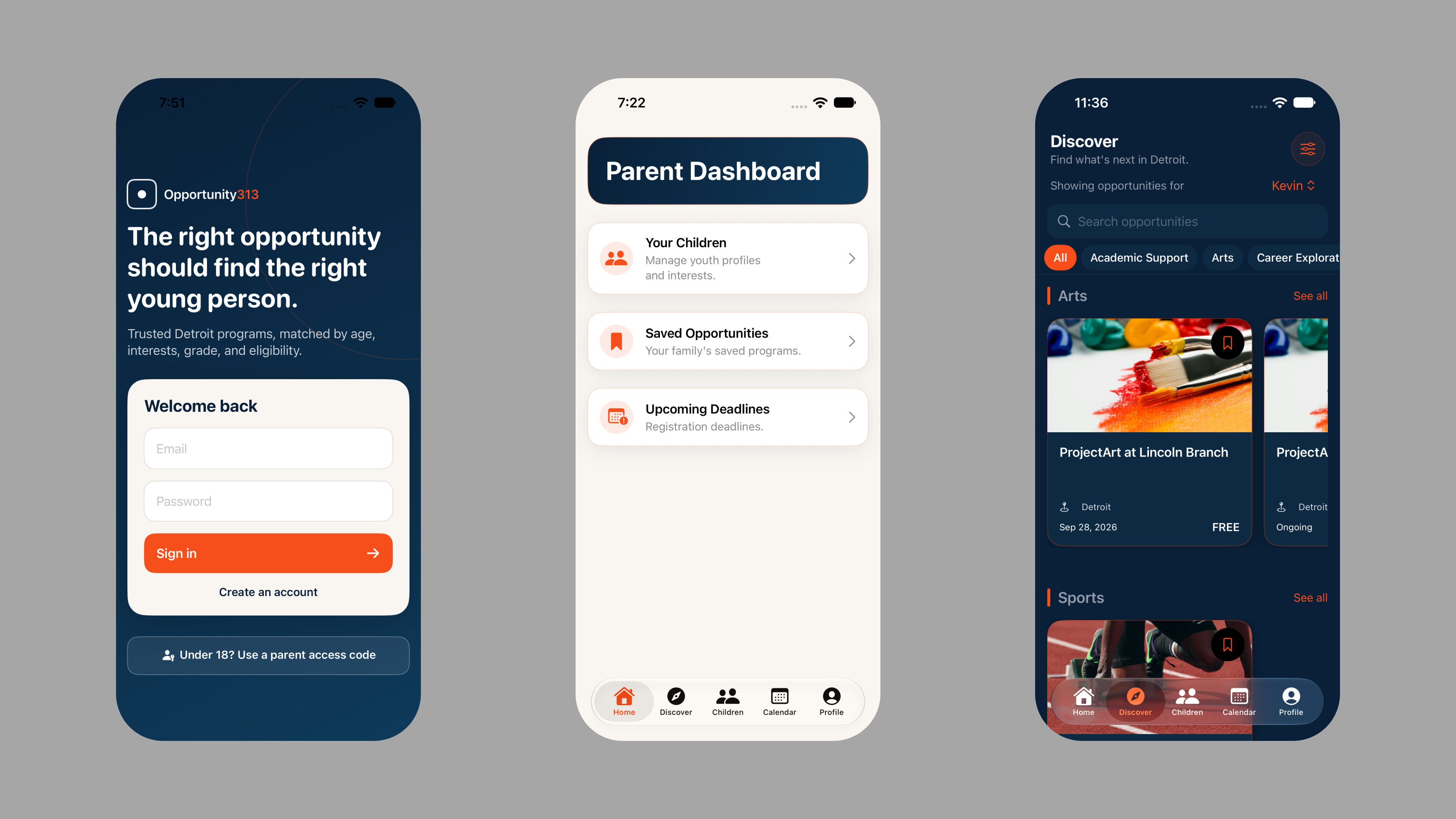 Three proposed mobile interface screens for this project
