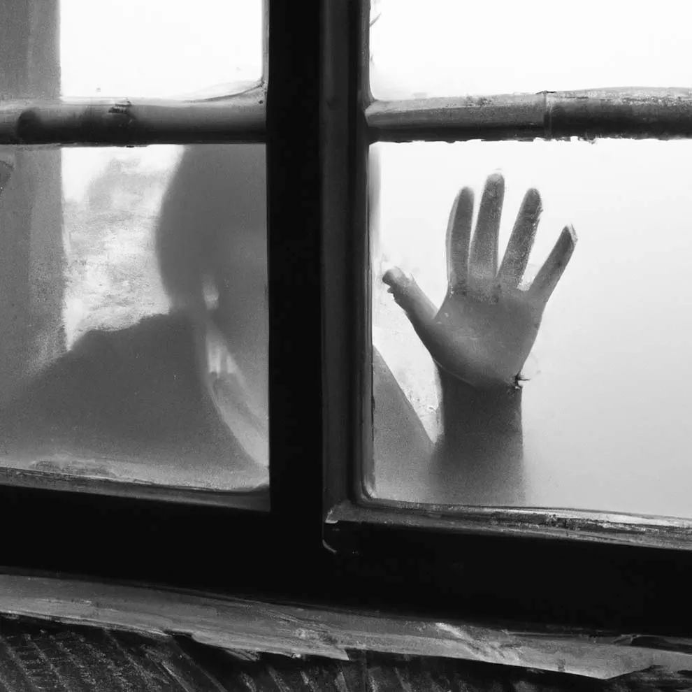 a person with hands pressed on a window