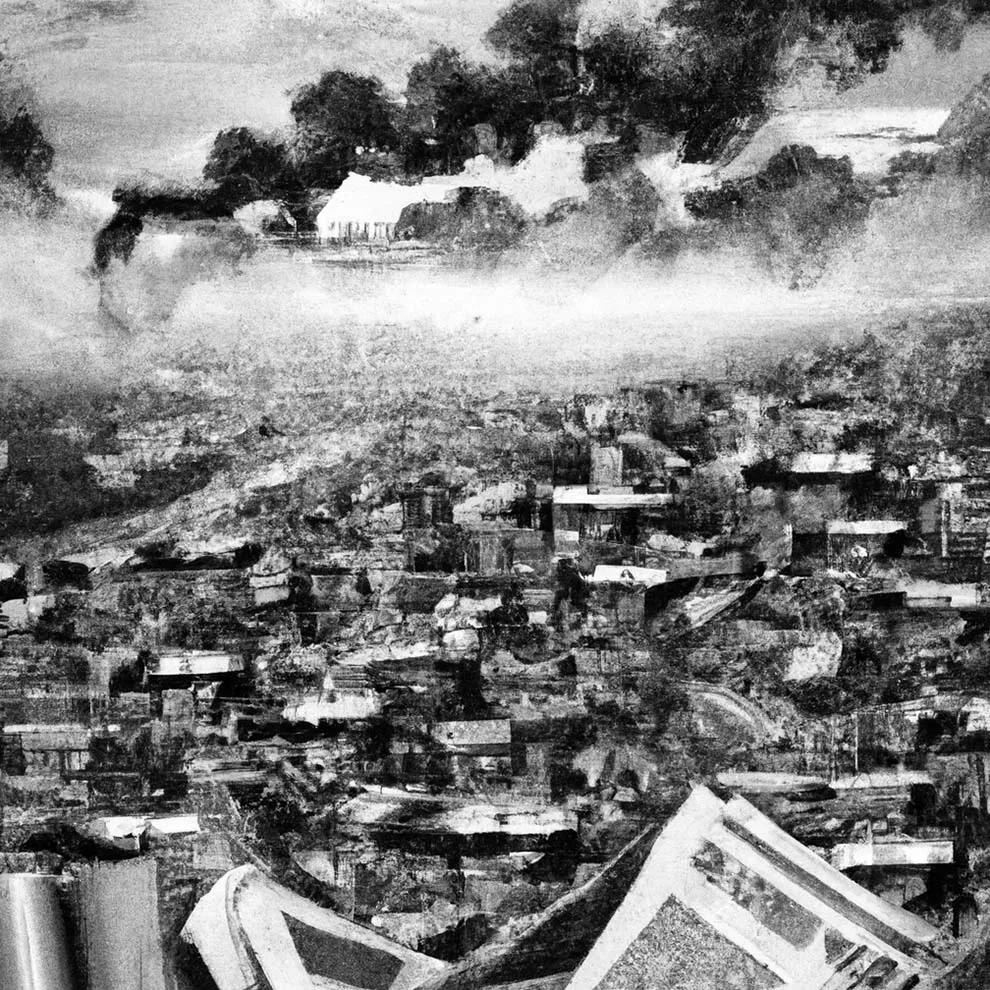 a city with clouds of smoke