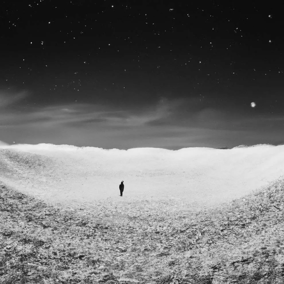 a person alone in a snowy desolate landscape