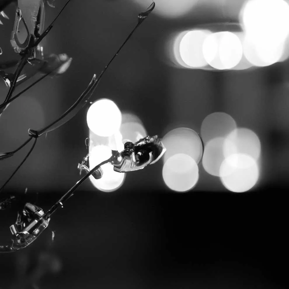 close-up of a plant with lights glowing in background