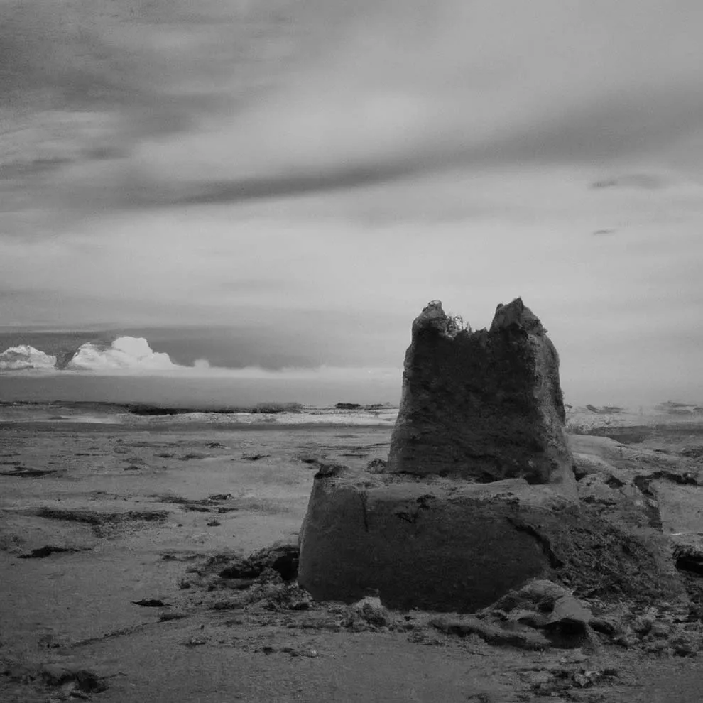 a lone sand castle on a beach at low tide