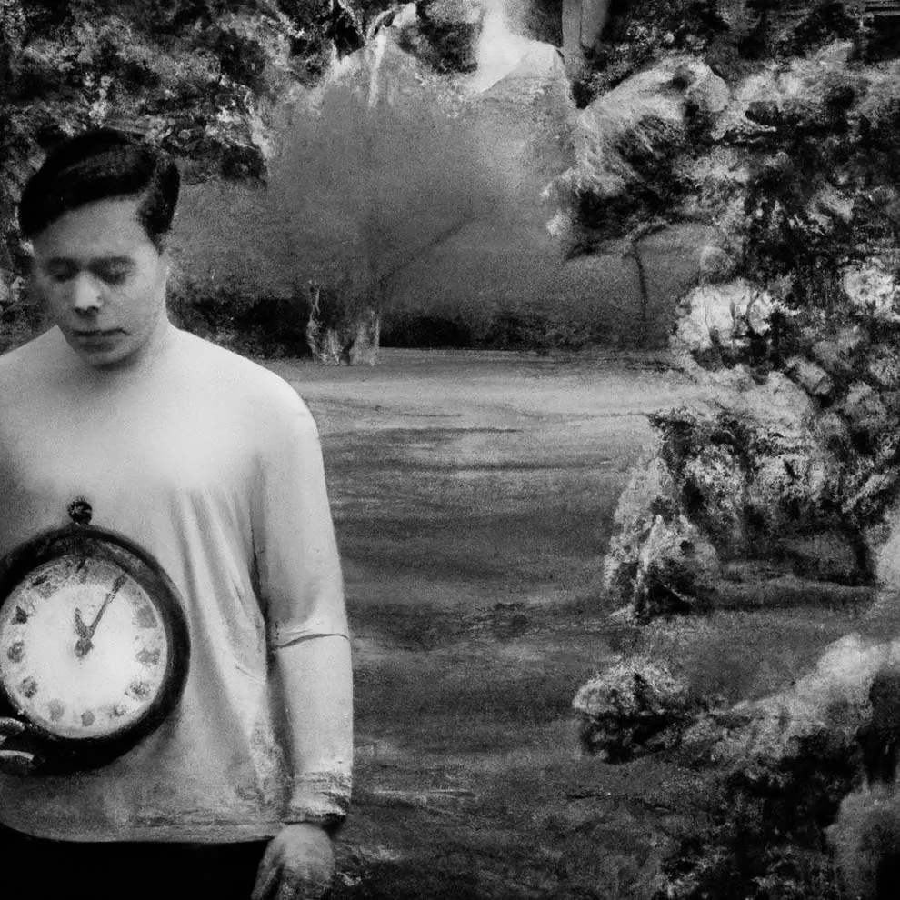 a person standing in a garden holding a clock