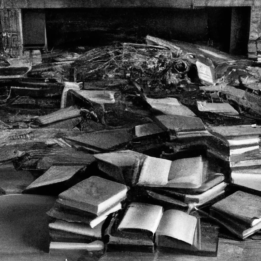 piles of old books scattered in an abandoned room