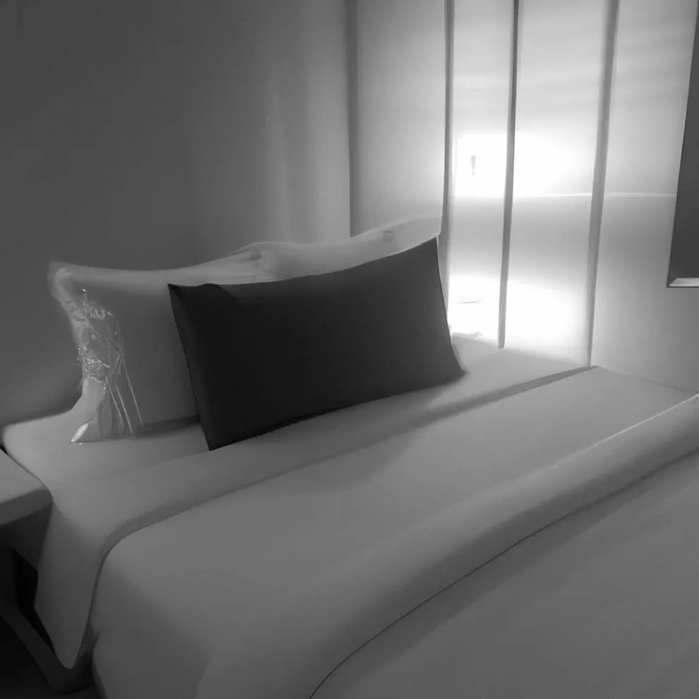 a neatly made bed with diffused light glowing