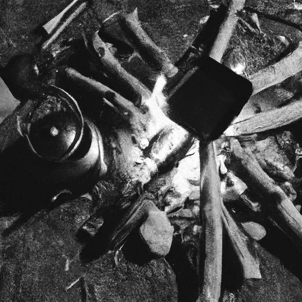 a campfire with a kettle many small logs