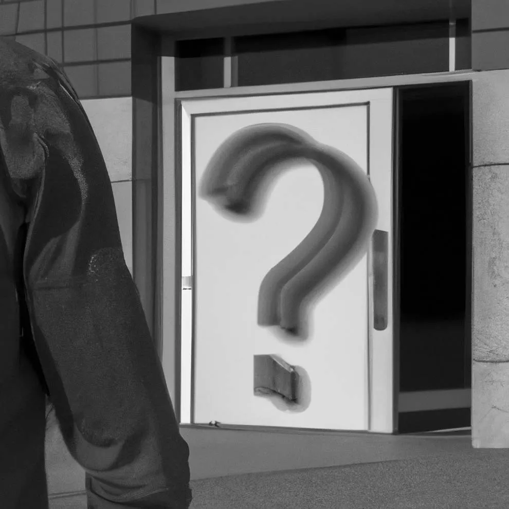 a man walking towards a door with a large question mark