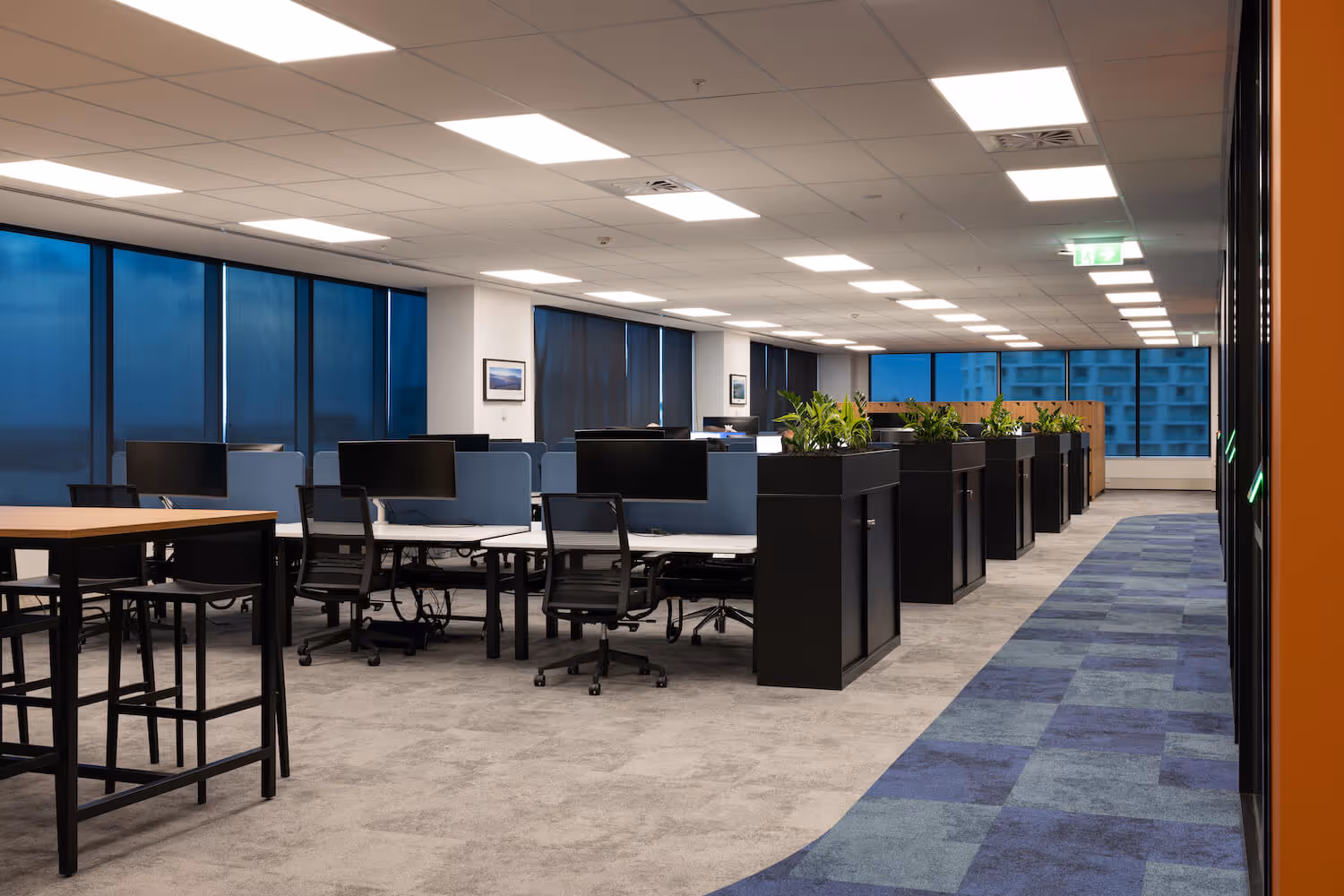 open plan office desks and black metal storage with plants