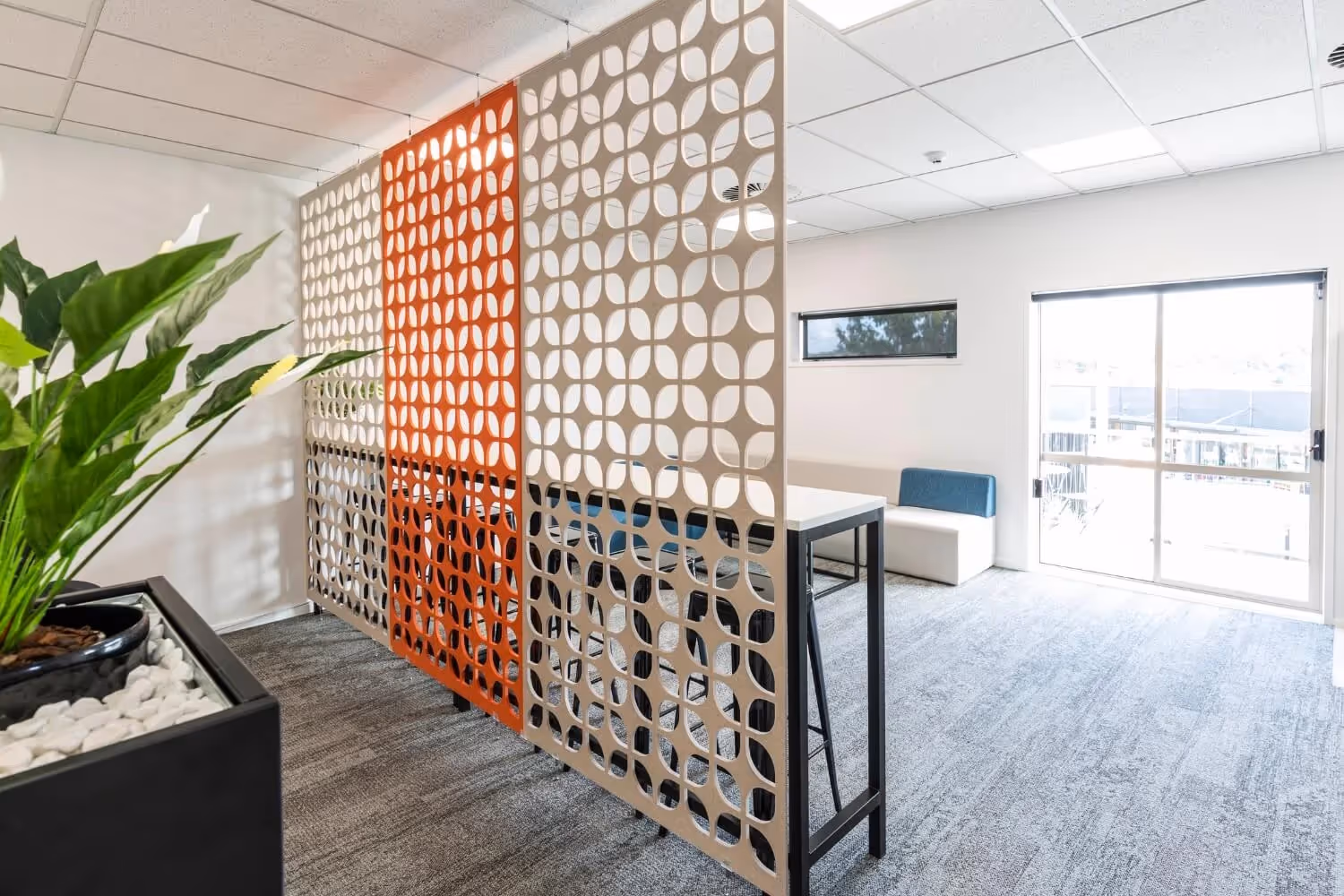 feature ceiling mounted screens with repeated pattern